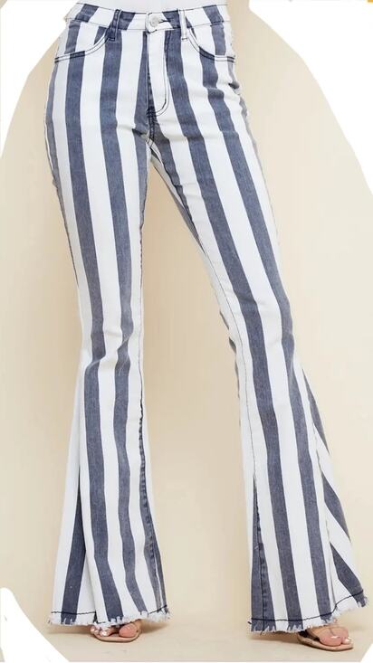 Saints & Hearts Denim - Saints & Hearts Blue + White Stripe Bell Bottom Flare Frayed Hem Jeans - Large